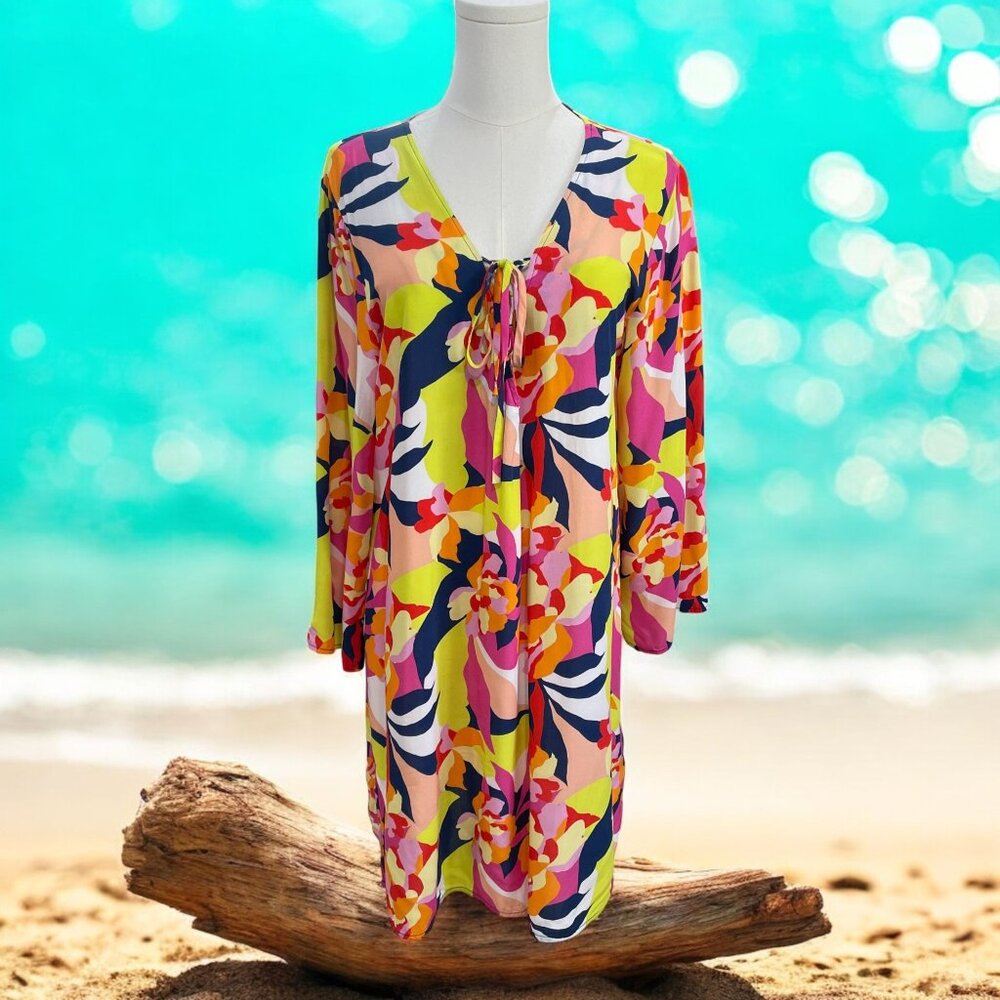Colorful Floral Beach Cover Up M Summer Tropical Vacation Coastal‎ Resort Dress